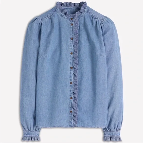 Boden Denim Ruffle-Trim Button Down - Picture 2 of 3